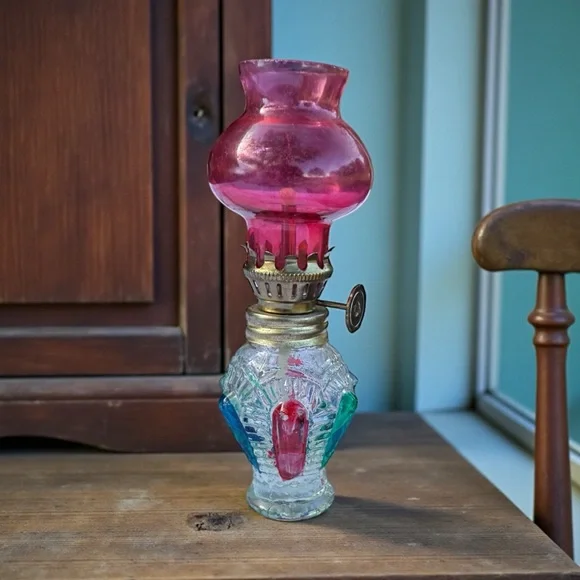 Vintage Mini Oil Kerosene Lamp Pink Glass Chimney Multicolor Glass Base 4 1/2” - Picture 2 of 3